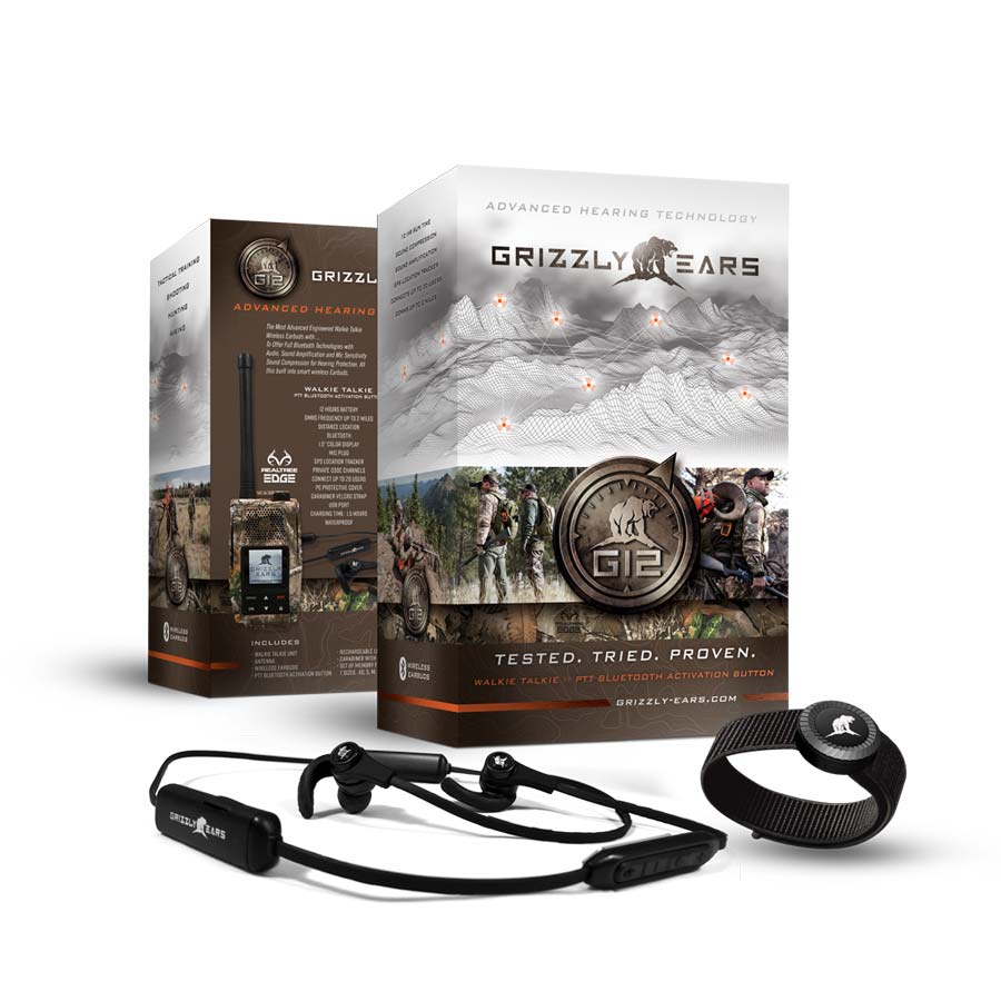 Grizzly Ears Hunter Walkie Talkie, Wireless Earbuds and Activation Button G12 - Product Package Design & Layout
