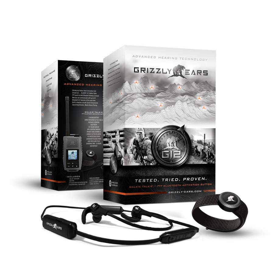 Grizzly Ears Tactical Walkie Talkie, Wireless Earbuds and Activation Button G12 - Product Package Design & Layout